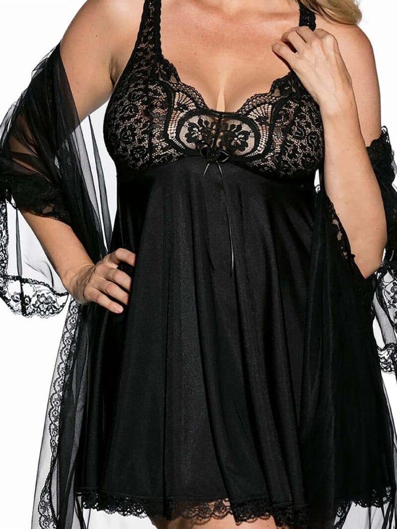 Shirley Of Hollywood Plus Size Sheer Robe & Babydoll Nightdress (black) Shirley Of Hollywood Plus Size Sheer Robe & Babydoll Nightdress (black)