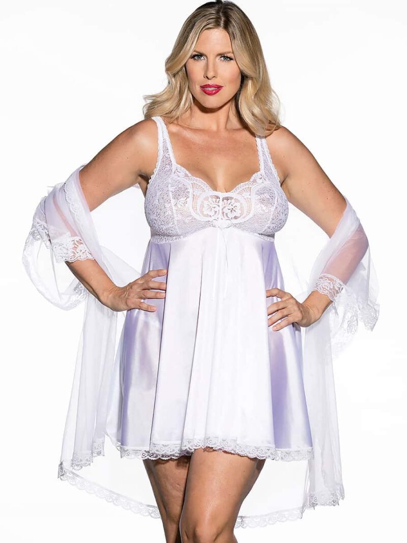 Shirley Of Hollywood Plus Size Sheer Robe & Babydoll Nightdress (white)