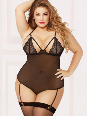 Seven 'til Midnight Lace Cup Sheer Teddy And Stockings Set (plus Size)