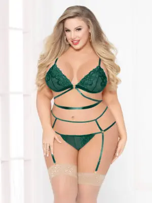 Seven 'til Midnight Emerald Lace And Satin Sexy Bra & Garter Thong Set (plus Size)