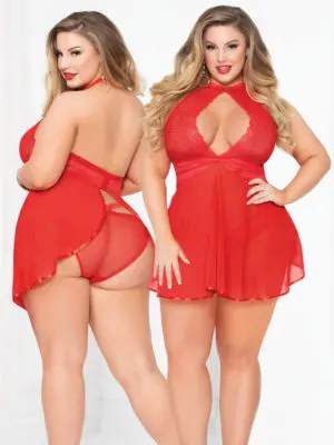 Seven 'til Midnight Lace & Sheer Mesh Babydoll & Panty (plus Size - Red)