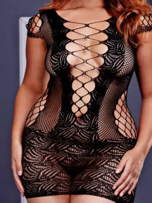Baci Lingerie Fishnet And Lace Hosiery Mini Dress Bodystocking (plus Size)