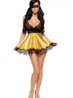Beauty Night ‘eve’ Floral Lace And Gold Satin Babydoll, Mask & Thong