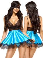 Beauty Night ‘eve’ Floral Lace And Turquoise Satin Babydoll, Mask & Thong