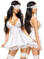 Beauty Night ‘eve’ Floral Lace And White Satin Babydoll, Mask & Thong