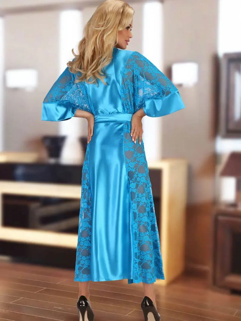 Beauty Night Bouquet Satin & Lace Long Gown And Thong Set (turquoise)