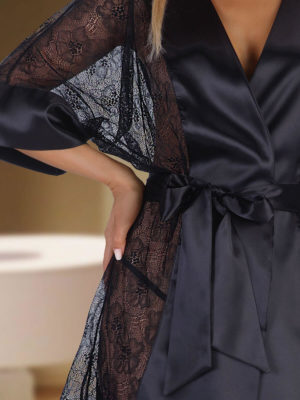 Beauty Night Stephanie Satin & Lace Robe And Thong Set (black)