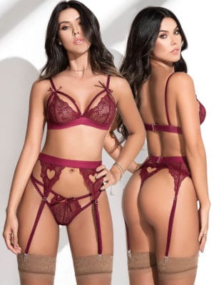 Mapalé Lingerie Heart Lace Bra, Thong & Garter Set (burgundy)