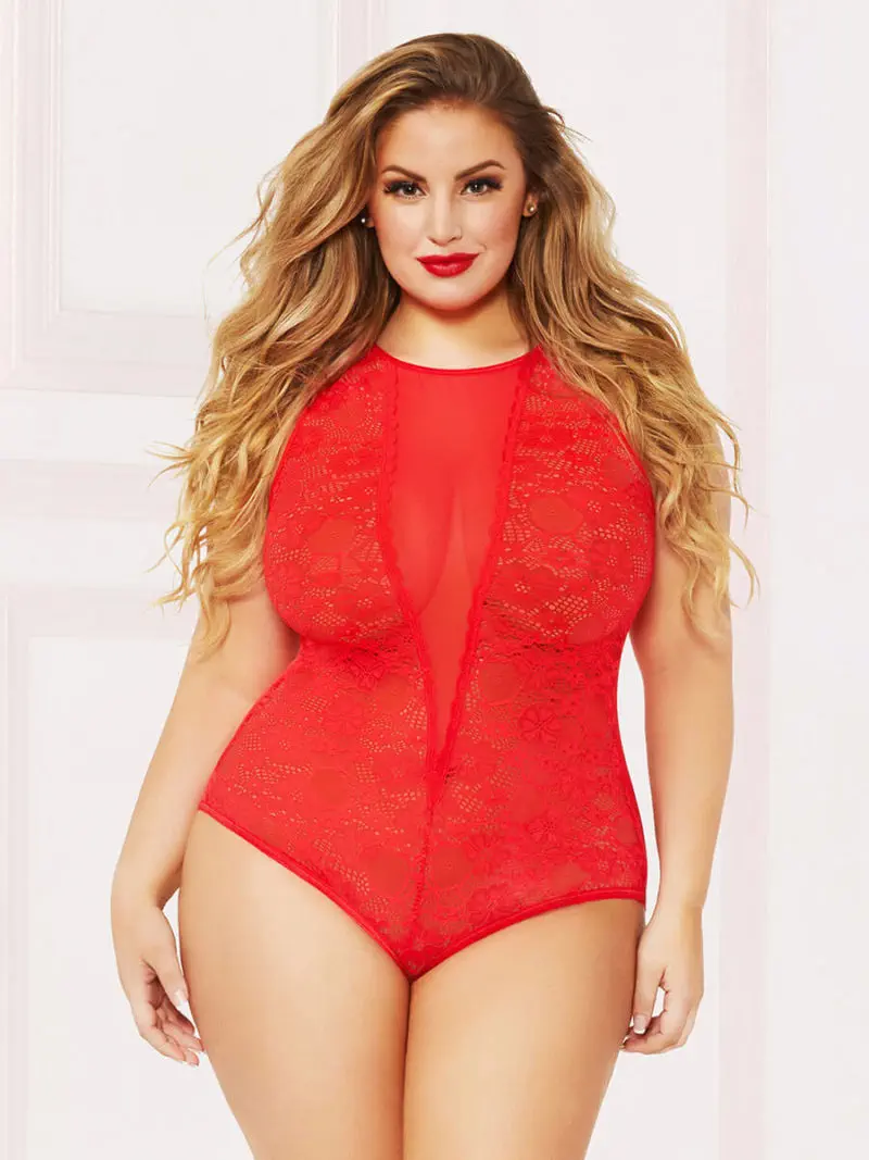 Seven 'til Midnight Red Lace With Satin Tie-back Teddy (plus Size)
