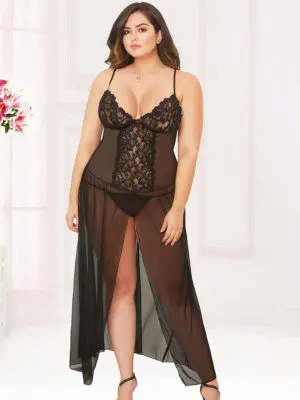 Seven ’til Midnight Sheer Mesh & Lace Gown And Thong Set (plus Size)