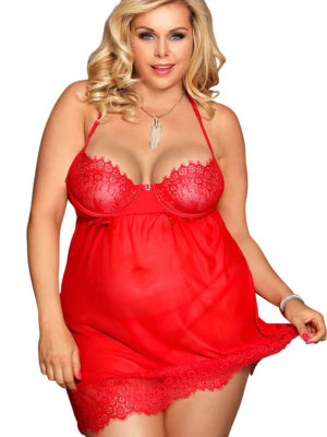 Yesx Yx952q Positively Sexy Plus Size Red Lace And Mesh Babydoll Set