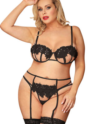 Yesx Yx953q Positively Sexy Plus Size  3-pc Lace Bra, Garter And G-string Set