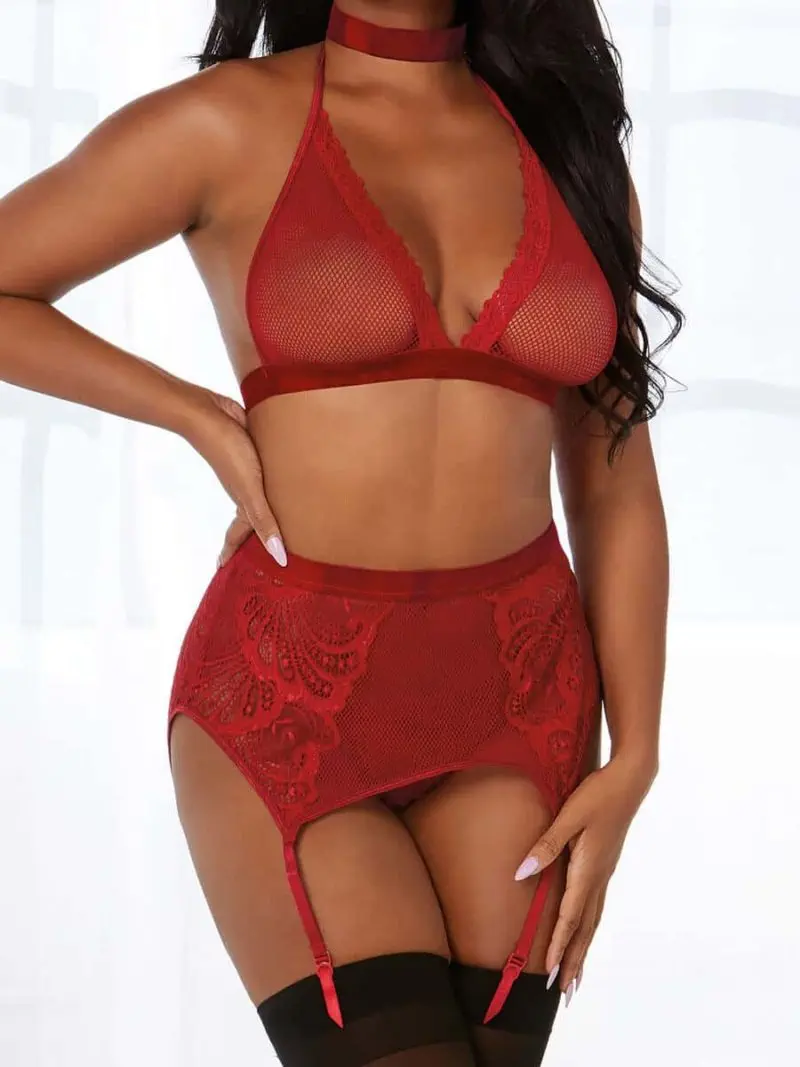 Dreamgirl Garnet Red 4-piece Fishnet And Lace Lingerie Set (one Size)