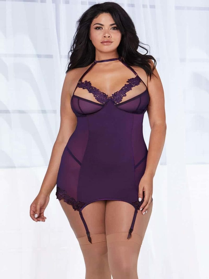 Dreamgirl Purple Plum Sheer Mesh Garter Slip & G-string (plus Size Queen)