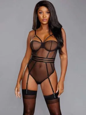 Dreamgirl Sheer Mesh And Studded Detail Teddy With Garters