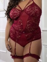 G-world 2pc Floral Lace Strappy Teddy With Lace Garters (green Or Burgundy) G-world 2pc Floral Lace Strappy Teddy With Lace Garters (green Or Burgundy)