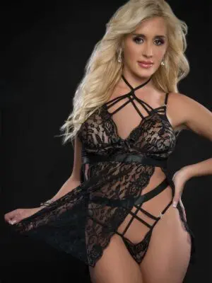 G-world 2pc Strappy Halter Laced Babydoll With Sides Slits & Open Back (black Or White)