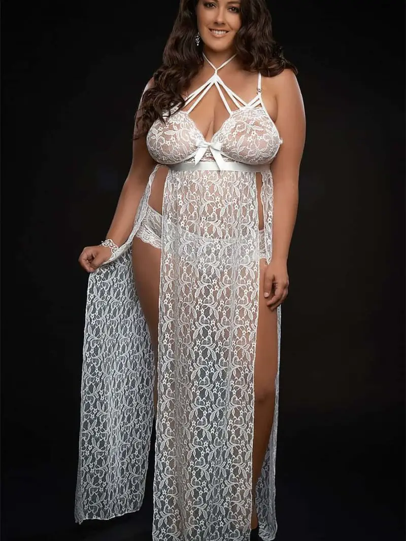 G-world 2pc Strappy Halter Laced Night Gown With Sides Slits & Open Back (black Or White)