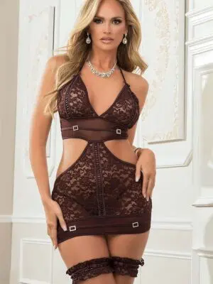 G-world 3pc Lace Halter Cut Out Babydoll Dress With Garters (brown Or Beige)