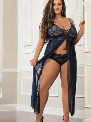 G-world 2pc Empire Waist Laced Sheer Long Dress & Panty (blue Or Red)