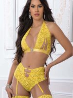 G-world 3pc High Waist Garter Laced Panty & Halter Top Set With Stockings (green Or Yellow) - Yellow, One Size (uk 6-14)