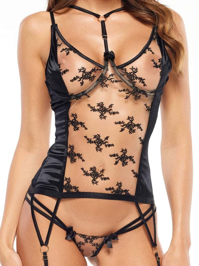 Beauty Night: 2-piece Corset And Thong Set - Nude Tulle - Floral Detail - Black Beauty Night: 2-piece Corset And Thong Set - Nude Tulle - Floral Detail - Black